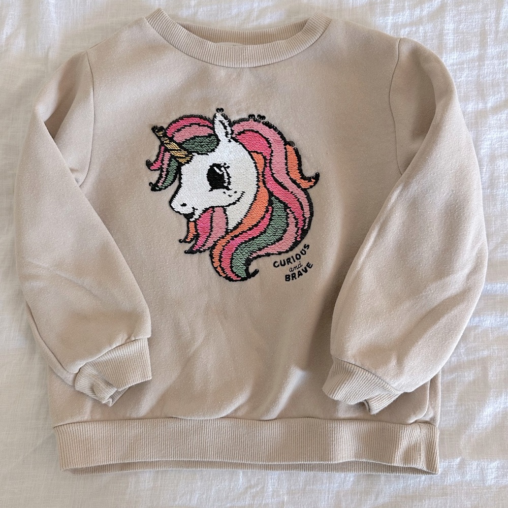 Girls Cute Unicorn Taupe Sequin Sweatshirt
